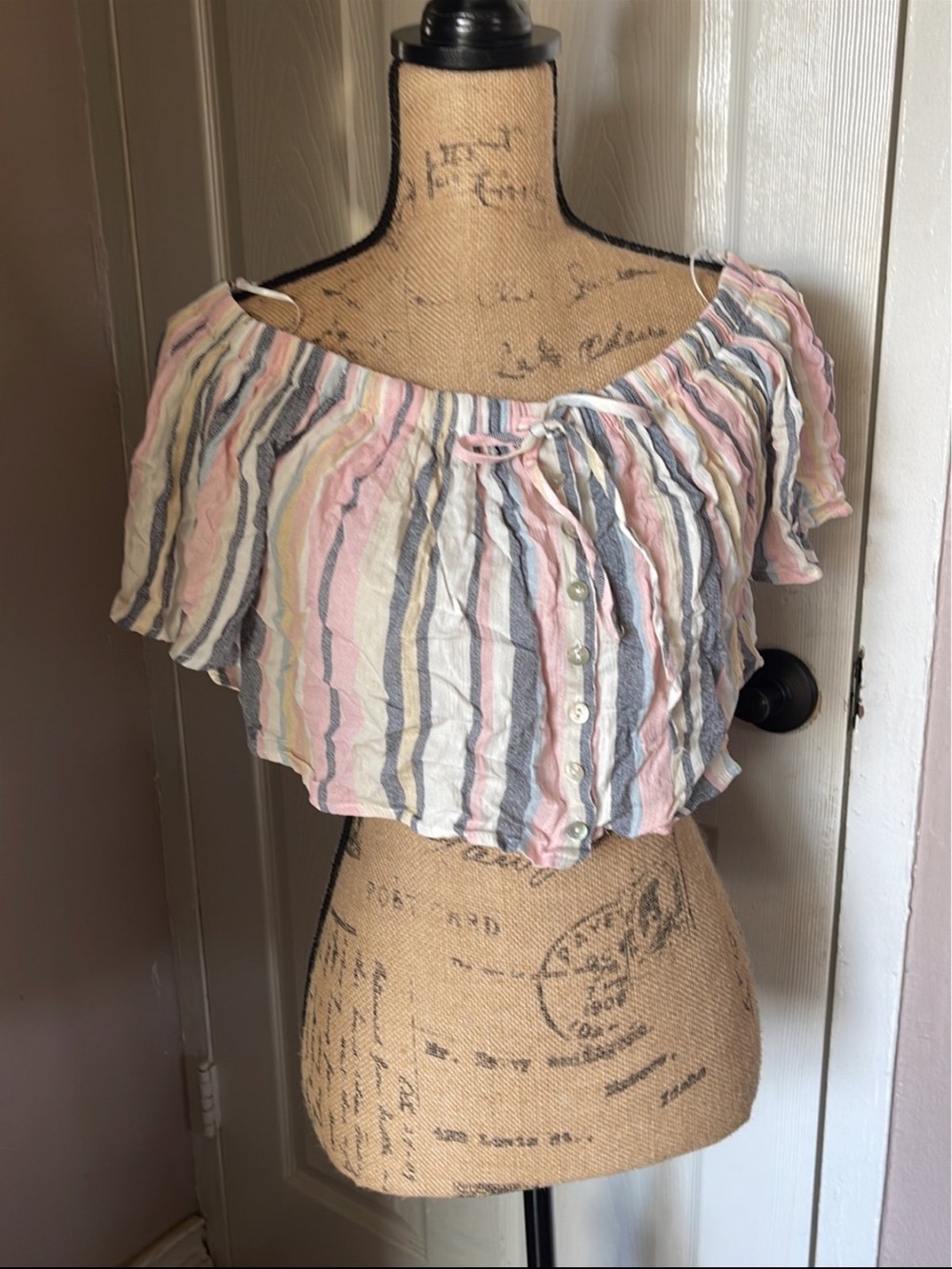 Pull&Bear Pastel Multi-Stripe Off-Shoulder Crop Top